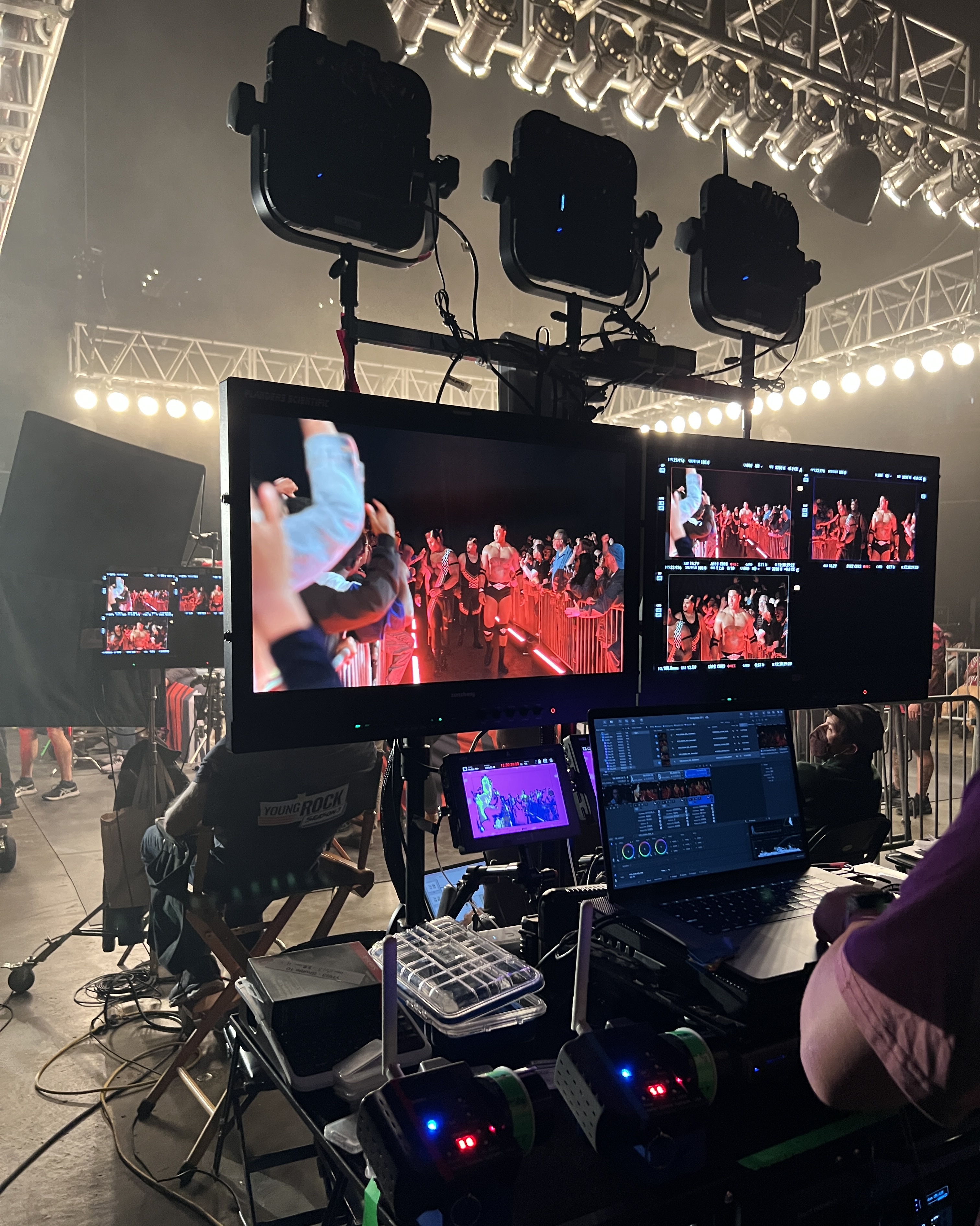 Behind the scenes view of the monitors on the show Young Rock.